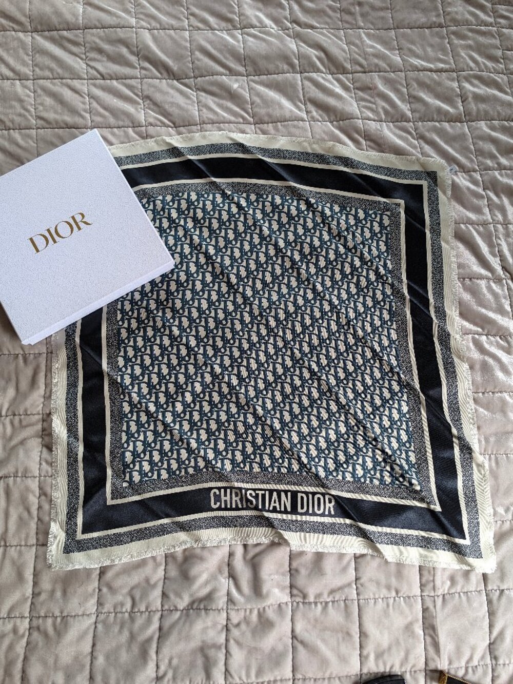 Authentic PRISTINE Christian Dior Navy Blue Oblique Silk Square Scarf 70x70